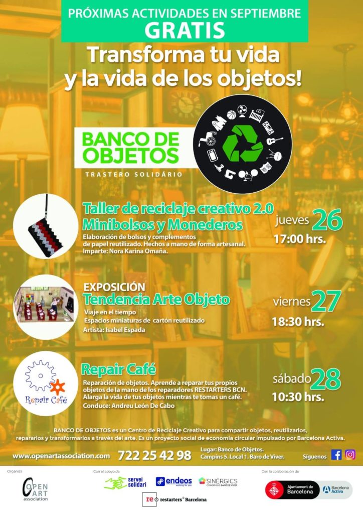 ELABORACIÓN DE BOLSOS Y COMPLEMENTOS CON PAPEL REUTILIZADOElaboración de bolsos y complementos de papel reutilizado hechos a mano de forma artesanal
JUEVES 26 DE SEPTIEMBRE 17h.